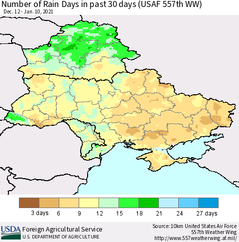 Ukraine, Moldova and Belarus Number of Rain Days in past 30 days (USAF 557th WW) 01/10/2021 Thematic Map For 1/4/2021 - 1/10/2021