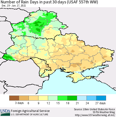 Ukraine, Moldova and Belarus Number of Rain Days in past 30 days (USAF 557th WW) 01/17/2021 Thematic Map For 1/11/2021 - 1/17/2021