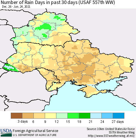 Ukraine, Moldova and Belarus Number of Rain Days in past 30 days (USAF 557th WW) 01/24/2021 Thematic Map For 1/18/2021 - 1/24/2021