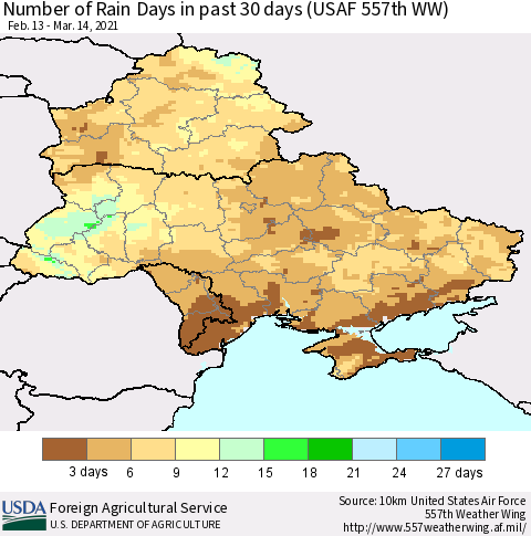 Ukraine, Moldova and Belarus Number of Rain Days in past 30 days (USAF 557th WW) 03/14/2021 Thematic Map For 3/8/2021 - 3/14/2021