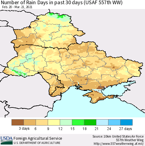 Ukraine, Moldova and Belarus Number of Rain Days in past 30 days (USAF 557th WW) 03/21/2021 Thematic Map For 3/15/2021 - 3/21/2021