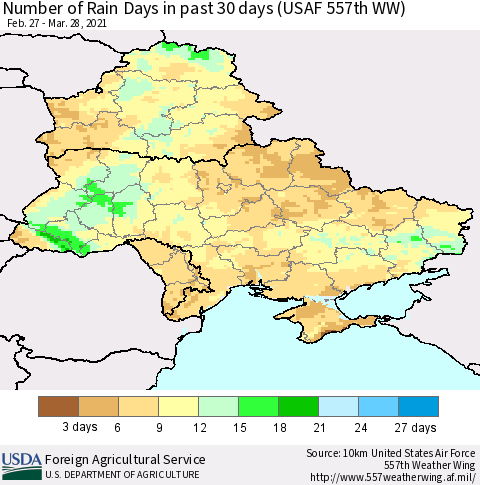 Ukraine, Moldova and Belarus Number of Rain Days in past 30 days (USAF 557th WW) 03/28/2021 Thematic Map For 3/22/2021 - 3/28/2021