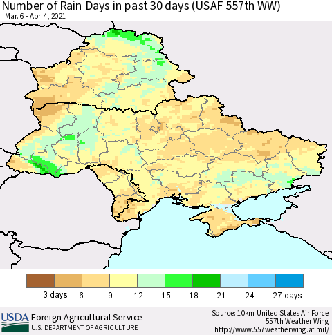 Ukraine, Moldova and Belarus Number of Rain Days in past 30 days (USAF 557th WW) 04/04/2021 Thematic Map For 3/29/2021 - 4/4/2021