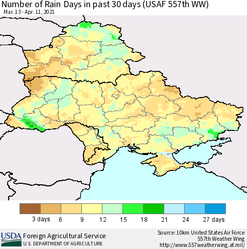 Ukraine, Moldova and Belarus Number of Rain Days in past 30 days (USAF 557th WW) 04/11/2021 Thematic Map For 4/5/2021 - 4/11/2021