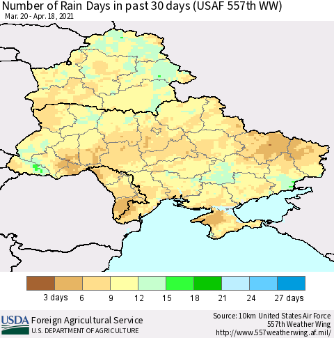 Ukraine, Moldova and Belarus Number of Rain Days in past 30 days (USAF 557th WW) 04/18/2021 Thematic Map For 4/12/2021 - 4/18/2021