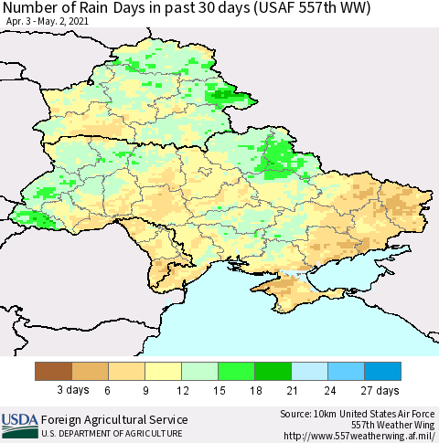 Ukraine, Moldova and Belarus Number of Rain Days in past 30 days (USAF 557th WW) 05/02/2021 Thematic Map For 4/26/2021 - 5/2/2021