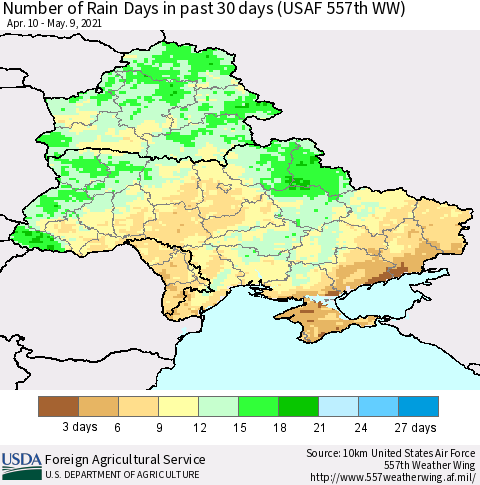 Ukraine, Moldova and Belarus Number of Rain Days in past 30 days (USAF 557th WW) 05/09/2021 Thematic Map For 5/3/2021 - 5/9/2021