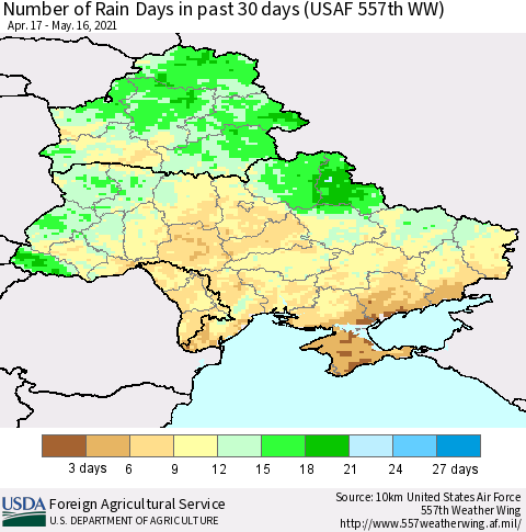 Ukraine, Moldova and Belarus Number of Rain Days in past 30 days (USAF 557th WW) 05/16/2021 Thematic Map For 5/10/2021 - 5/16/2021