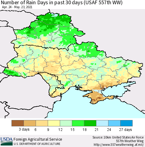 Ukraine, Moldova and Belarus Number of Rain Days in past 30 days (USAF 557th WW) 05/23/2021 Thematic Map For 5/17/2021 - 5/23/2021