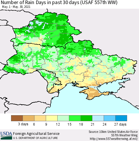 Ukraine, Moldova and Belarus Number of Rain Days in past 30 days (USAF 557th WW) 05/30/2021 Thematic Map For 5/24/2021 - 5/30/2021