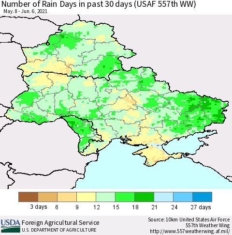 Ukraine, Moldova and Belarus Number of Rain Days in past 30 days (USAF 557th WW) 06/06/2021 Thematic Map For 5/31/2021 - 6/6/2021