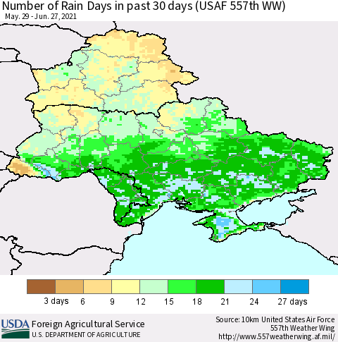 Ukraine, Moldova and Belarus Number of Rain Days in past 30 days (USAF 557th WW) 06/27/2021 Thematic Map For 6/21/2021 - 6/27/2021