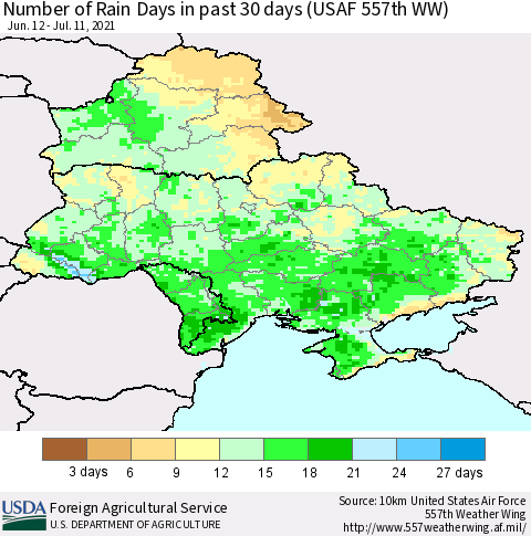 Ukraine, Moldova and Belarus Number of Rain Days in past 30 days (USAF 557th WW) 07/11/2021 Thematic Map For 7/5/2021 - 7/11/2021