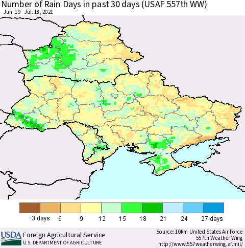 Ukraine, Moldova and Belarus Number of Rain Days in past 30 days (USAF 557th WW) 07/18/2021 Thematic Map For 7/12/2021 - 7/18/2021