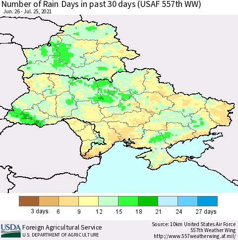 Ukraine, Moldova and Belarus Number of Rain Days in past 30 days (USAF 557th WW) 07/25/2021 Thematic Map For 7/19/2021 - 7/25/2021