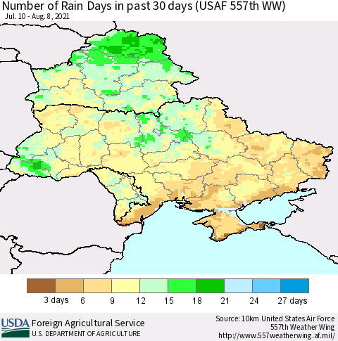 Ukraine, Moldova and Belarus Number of Rain Days in past 30 days (USAF 557th WW) 08/08/2021 Thematic Map For 8/2/2021 - 8/8/2021