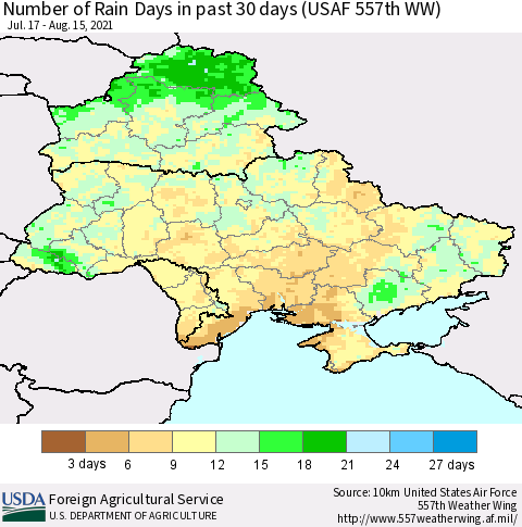 Ukraine, Moldova and Belarus Number of Rain Days in past 30 days (USAF 557th WW) 08/15/2021 Thematic Map For 8/9/2021 - 8/15/2021