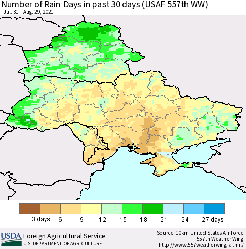 Ukraine, Moldova and Belarus Number of Rain Days in past 30 days (USAF 557th WW) 08/29/2021 Thematic Map For 8/23/2021 - 8/29/2021