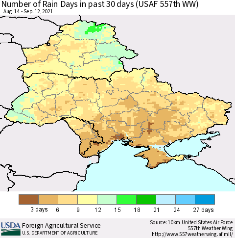 Ukraine, Moldova and Belarus Number of Rain Days in past 30 days (USAF 557th WW) 09/12/2021 Thematic Map For 9/6/2021 - 9/12/2021