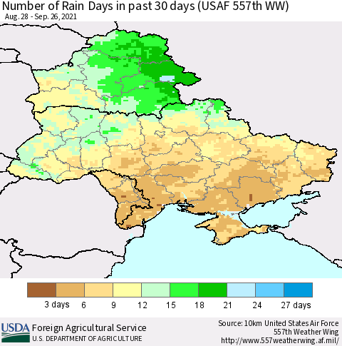 Ukraine, Moldova and Belarus Number of Rain Days in past 30 days (USAF 557th WW) 09/26/2021 Thematic Map For 9/20/2021 - 9/26/2021