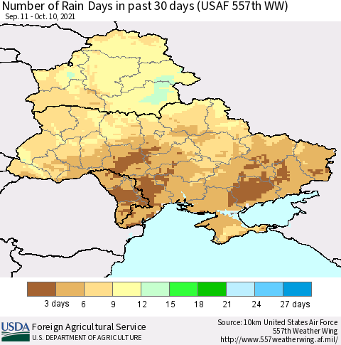 Ukraine, Moldova and Belarus Number of Rain Days in past 30 days (USAF 557th WW) 10/10/2021 Thematic Map For 10/4/2021 - 10/10/2021