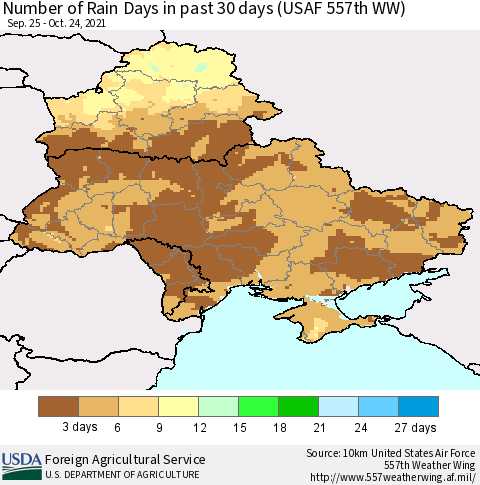 Ukraine, Moldova and Belarus Number of Rain Days in past 30 days (USAF 557th WW) 10/24/2021 Thematic Map For 10/18/2021 - 10/24/2021