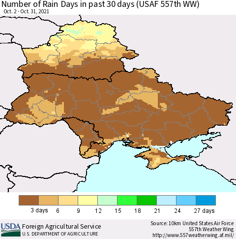 Ukraine, Moldova and Belarus Number of Rain Days in past 30 days (USAF 557th WW) 10/31/2021 Thematic Map For 10/25/2021 - 10/31/2021