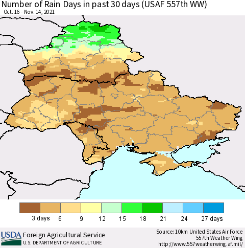 Ukraine, Moldova and Belarus Number of Rain Days in past 30 days (USAF 557th WW) 11/14/2021 Thematic Map For 11/8/2021 - 11/14/2021
