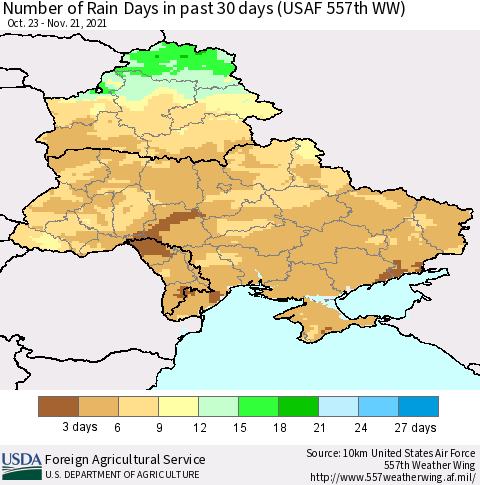Ukraine, Moldova and Belarus Number of Rain Days in past 30 days (USAF 557th WW) 11/21/2021 Thematic Map For 11/15/2021 - 11/21/2021