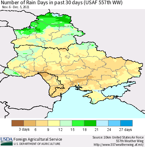 Ukraine, Moldova and Belarus Number of Rain Days in past 30 days (USAF 557th WW) 12/05/2021 Thematic Map For 11/29/2021 - 12/5/2021