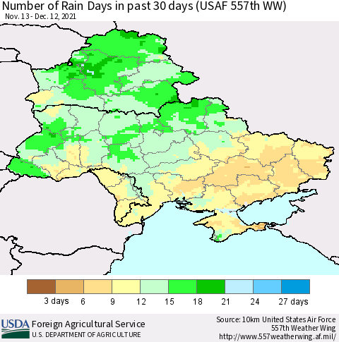 Ukraine, Moldova and Belarus Number of Rain Days in past 30 days (USAF 557th WW) 12/12/2021 Thematic Map For 12/6/2021 - 12/12/2021