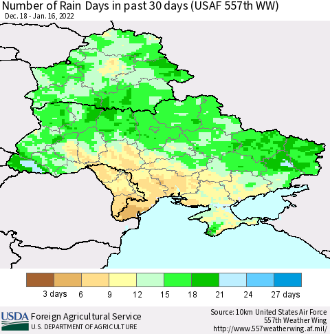 Ukraine, Moldova and Belarus Number of Rain Days in past 30 days (USAF 557th WW) 01/16/2022 Thematic Map For 1/10/2022 - 1/16/2022