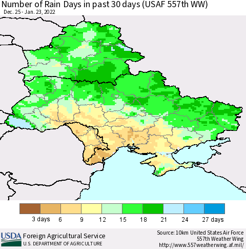 Ukraine, Moldova and Belarus Number of Rain Days in past 30 days (USAF 557th WW) 01/23/2022 Thematic Map For 1/17/2022 - 1/23/2022