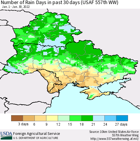 Ukraine, Moldova and Belarus Number of Rain Days in past 30 days (USAF 557th WW) 01/30/2022 Thematic Map For 1/24/2022 - 1/30/2022
