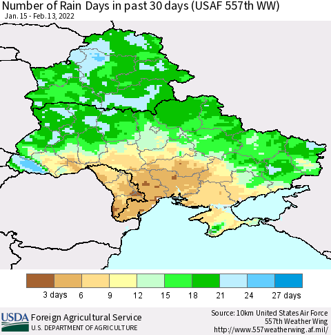 Ukraine, Moldova and Belarus Number of Rain Days in past 30 days (USAF 557th WW) 02/13/2022 Thematic Map For 2/7/2022 - 2/13/2022