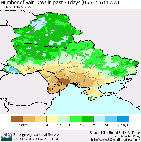Ukraine, Moldova and Belarus Number of Rain Days in past 30 days (USAF 557th WW) 02/20/2022 Thematic Map For 2/14/2022 - 2/20/2022