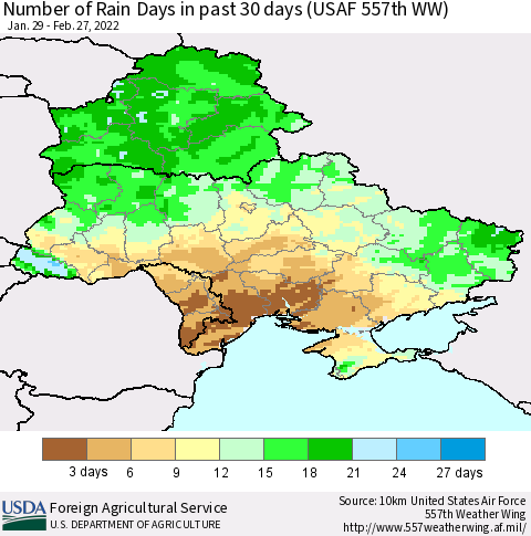 Ukraine, Moldova and Belarus Number of Rain Days in past 30 days (USAF 557th WW) 02/27/2022 Thematic Map For 2/21/2022 - 2/27/2022