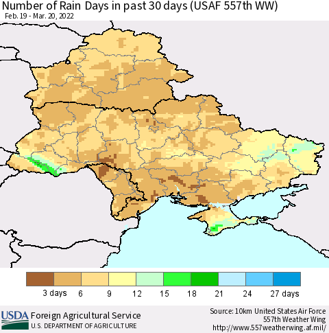 Ukraine, Moldova and Belarus Number of Rain Days in past 30 days (USAF 557th WW) 03/20/2022 Thematic Map For 3/14/2022 - 3/20/2022