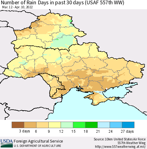 Ukraine, Moldova and Belarus Number of Rain Days in past 30 days (USAF 557th WW) 04/10/2022 Thematic Map For 4/4/2022 - 4/10/2022
