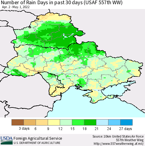 Ukraine, Moldova and Belarus Number of Rain Days in past 30 days (USAF 557th WW) 05/01/2022 Thematic Map For 4/25/2022 - 5/1/2022