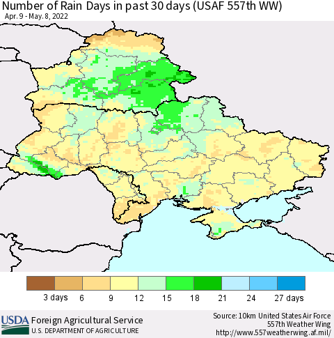 Ukraine, Moldova and Belarus Number of Rain Days in past 30 days (USAF 557th WW) 05/08/2022 Thematic Map For 5/2/2022 - 5/8/2022