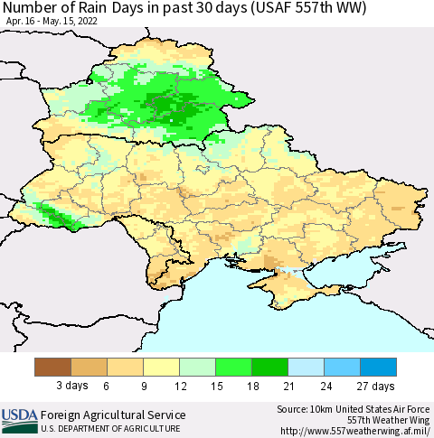Ukraine, Moldova and Belarus Number of Rain Days in past 30 days (USAF 557th WW) 05/15/2022 Thematic Map For 5/9/2022 - 5/15/2022
