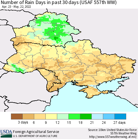Ukraine, Moldova and Belarus Number of Rain Days in past 30 days (USAF 557th WW) 05/22/2022 Thematic Map For 5/16/2022 - 5/22/2022