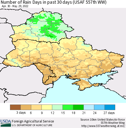 Ukraine, Moldova and Belarus Number of Rain Days in past 30 days (USAF 557th WW) 05/29/2022 Thematic Map For 5/23/2022 - 5/29/2022