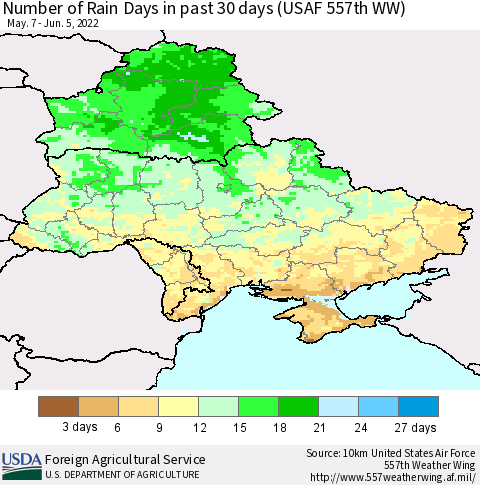 Ukraine, Moldova and Belarus Number of Rain Days in past 30 days (USAF 557th WW) 06/05/2022 Thematic Map For 5/30/2022 - 6/5/2022