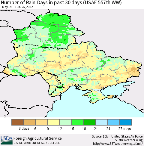 Ukraine, Moldova and Belarus Number of Rain Days in past 30 days (USAF 557th WW) 06/26/2022 Thematic Map For 6/20/2022 - 6/26/2022