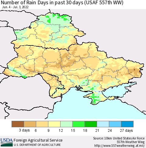 Ukraine, Moldova and Belarus Number of Rain Days in past 30 days (USAF 557th WW) 07/03/2022 Thematic Map For 6/27/2022 - 7/3/2022