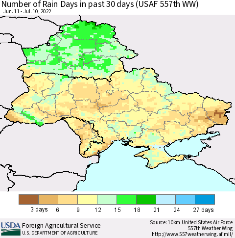 Ukraine, Moldova and Belarus Number of Rain Days in past 30 days (USAF 557th WW) 07/10/2022 Thematic Map For 7/4/2022 - 7/10/2022