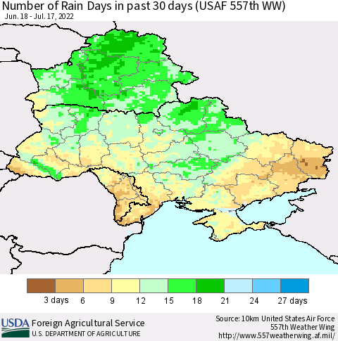 Ukraine, Moldova and Belarus Number of Rain Days in past 30 days (USAF 557th WW) 07/17/2022 Thematic Map For 7/11/2022 - 7/17/2022