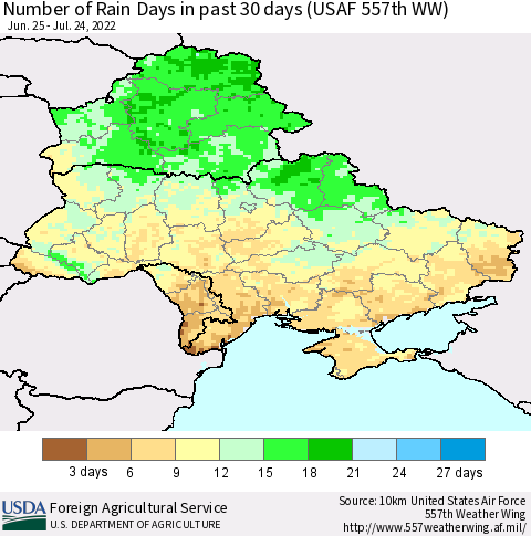 Ukraine, Moldova and Belarus Number of Rain Days in past 30 days (USAF 557th WW) 07/24/2022 Thematic Map For 7/18/2022 - 7/24/2022